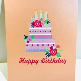 Giant Birthday Cake with Pink & Purple Flowers Origami Pop Cards 3D Pop Up Greeting Card Thank You Handmade Gift Thinking of You Happy Birthday Occasion Australiana Celebrate the Beauty and Happiness During Special Day Best Wishes Gift
