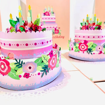 Giant Birthday Cake with Pink & Purple Flowers Origami Pop Cards 3D Pop Up Greeting Card Thank You Handmade Gift Thinking of You Happy Birthday Occasion Australiana Celebrate the Beauty and Happiness During Special Day Best Wishes Gift
