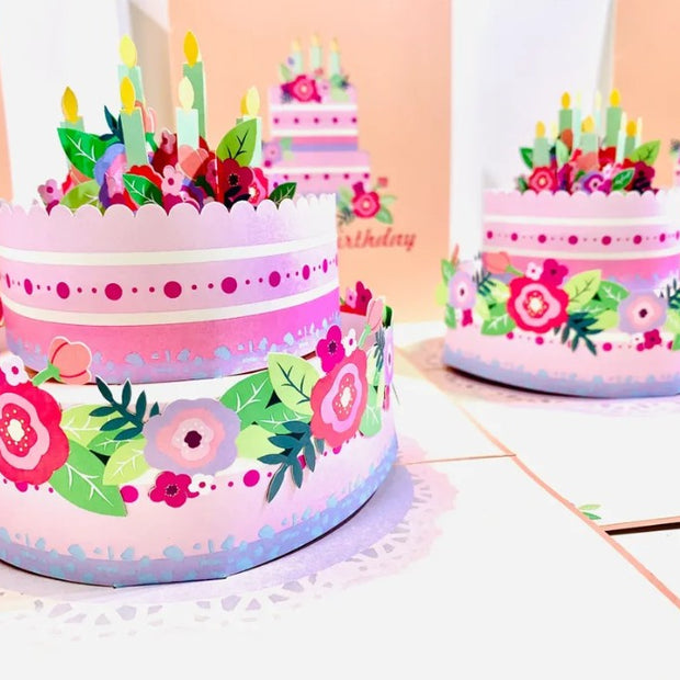 Giant Birthday Cake with Pink & Purple Flowers Origami Pop Cards 3D Pop Up Greeting Card Thank You Handmade Gift Thinking of You Happy Birthday Occasion Australiana Celebrate the Beauty and Happiness During Special Day Best Wishes Gift