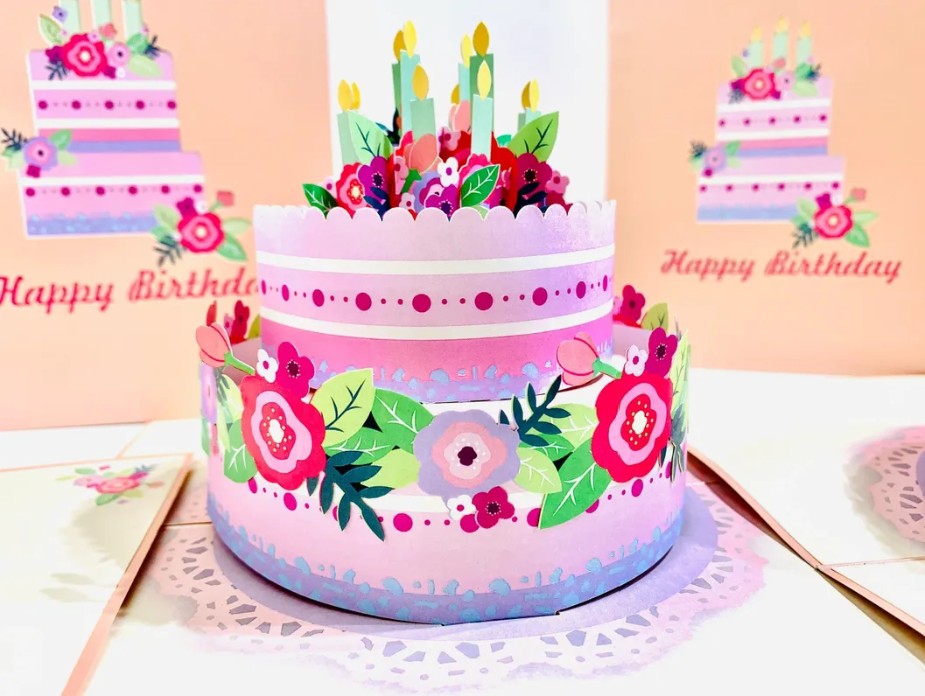 Giant Birthday Cake with Pink & Purple Flowers Origami Pop Cards 3D Pop Up Greeting Card Thank You Handmade Gift Thinking of You Happy Birthday Occasion Australiana Celebrate the Beauty and Happiness During Special Day Best Wishes Gift