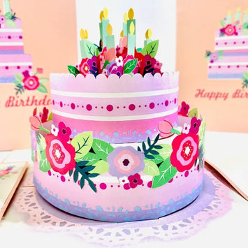 Giant Birthday Cake with Pink & Purple Flowers Origami Pop Cards 3D Pop Up Greeting Card Thank You Handmade Gift Thinking of You Happy Birthday Occasion Australiana Celebrate the Beauty and Happiness During Special Day Best Wishes Gift