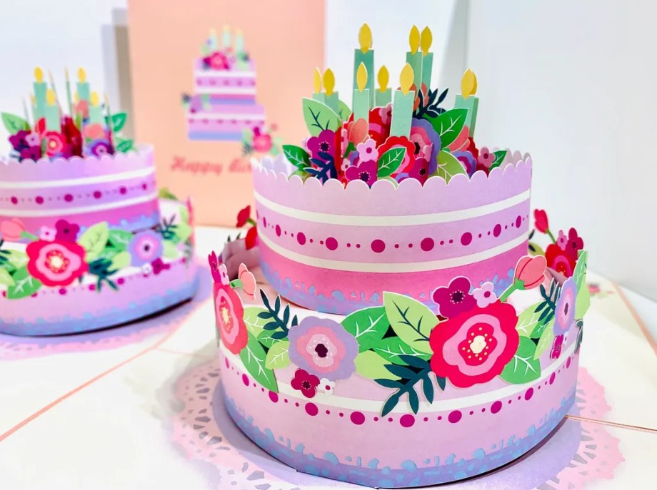 Giant Birthday Cake with Pink & Purple Flowers Origami Pop Cards 3D Pop Up Greeting Card Thank You Handmade Gift Thinking of You Happy Birthday Occasion Australiana Celebrate the Beauty and Happiness During Special Day Best Wishes Gift