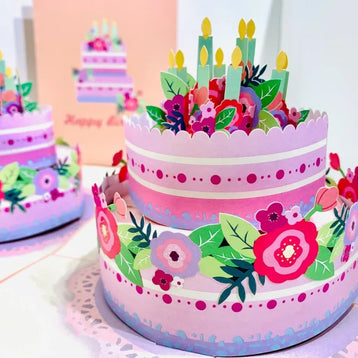 Giant Birthday Cake with Pink & Purple Flowers Origami Pop Cards 3D Pop Up Greeting Card Thank You Handmade Gift Thinking of You Happy Birthday Occasion Australiana Celebrate the Beauty and Happiness During Special Day Best Wishes Gift