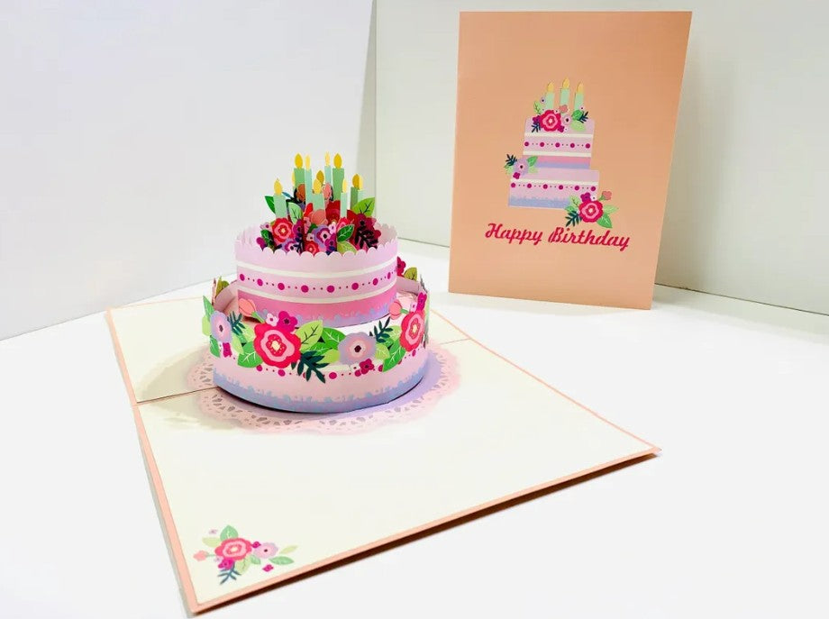 Giant Birthday Cake with Pink & Purple Flowers Origami Pop Cards 3D Pop Up Greeting Card Thank You Handmade Gift Thinking of You Happy Birthday Occasion Australiana Celebrate the Beauty and Happiness During Special Day Best Wishes Gift
