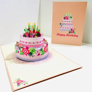 Giant Birthday Cake with Pink & Purple Flowers Origami Pop Cards 3D Pop Up Greeting Card Thank You Handmade Gift Thinking of You Happy Birthday Occasion Australiana Celebrate the Beauty and Happiness During Special Day Best Wishes Gift