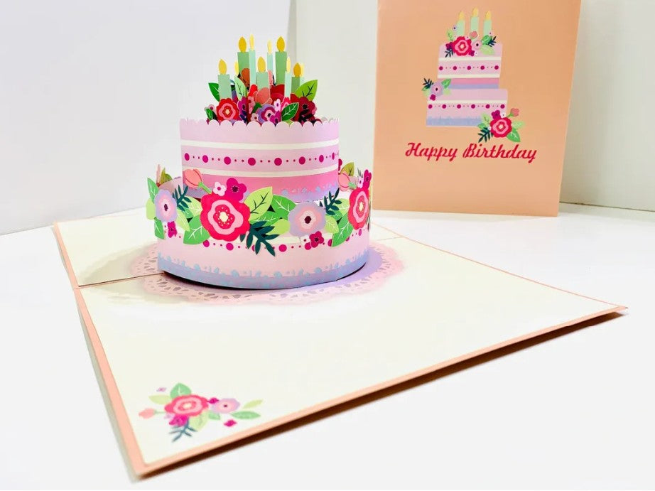Giant Birthday Cake with Pink & Purple Flowers Origami Pop Cards 3D Pop Up Greeting Card Thank You Handmade Gift Thinking of You Happy Birthday Occasion Australiana Celebrate the Beauty and Happiness During Special Day Best Wishes Gift
