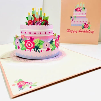 Giant Birthday Cake with Pink & Purple Flowers Origami Pop Cards 3D Pop Up Greeting Card Thank You Handmade Gift Thinking of You Happy Birthday Occasion Australiana Celebrate the Beauty and Happiness During Special Day Best Wishes Gift