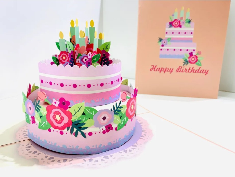 Giant Birthday Cake with Pink & Purple Flowers Origami Pop Cards 3D Pop Up Greeting Card Thank You Handmade Gift Thinking of You Happy Birthday Occasion Australiana Celebrate the Beauty and Happiness During Special Day Best Wishes Gift