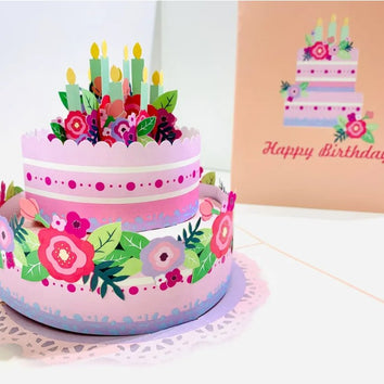Giant Birthday Cake with Pink & Purple Flowers Origami Pop Cards 3D Pop Up Greeting Card Thank You Handmade Gift Thinking of You Happy Birthday Occasion Australiana Celebrate the Beauty and Happiness During Special Day Best Wishes Gift