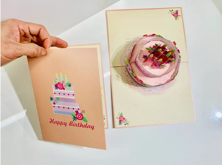 Giant Birthday Cake with Pink & Purple Flowers Origami Pop Cards 3D Pop Up Greeting Card Thank You Handmade Gift Thinking of You Happy Birthday Occasion Australiana Celebrate the Beauty and Happiness During Special Day Best Wishes Gift