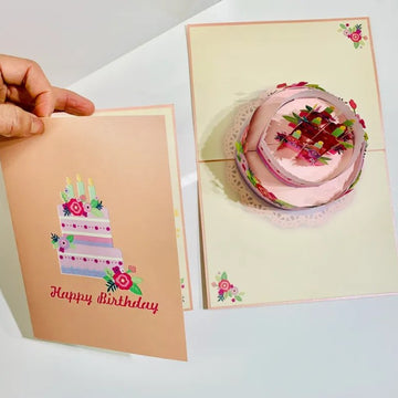 Giant Birthday Cake with Pink & Purple Flowers Origami Pop Cards 3D Pop Up Greeting Card Thank You Handmade Gift Thinking of You Happy Birthday Occasion Australiana Celebrate the Beauty and Happiness During Special Day Best Wishes Gift