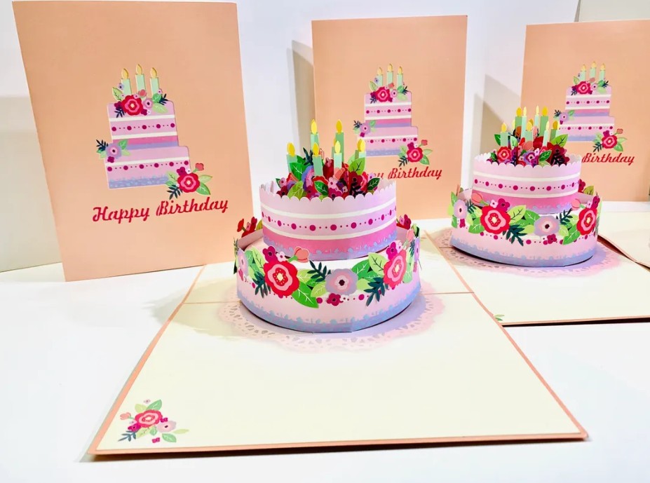 Giant Birthday Cake with Pink & Purple Flowers Origami Pop Cards 3D Pop Up Greeting Card Thank You Handmade Gift Thinking of You Happy Birthday Occasion Australiana Celebrate the Beauty and Happiness During Special Day Best Wishes Gift