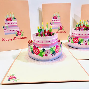 Giant Birthday Cake with Pink & Purple Flowers Origami Pop Cards 3D Pop Up Greeting Card Thank You Handmade Gift Thinking of You Happy Birthday Occasion Australiana Celebrate the Beauty and Happiness During Special Day Best Wishes Gift