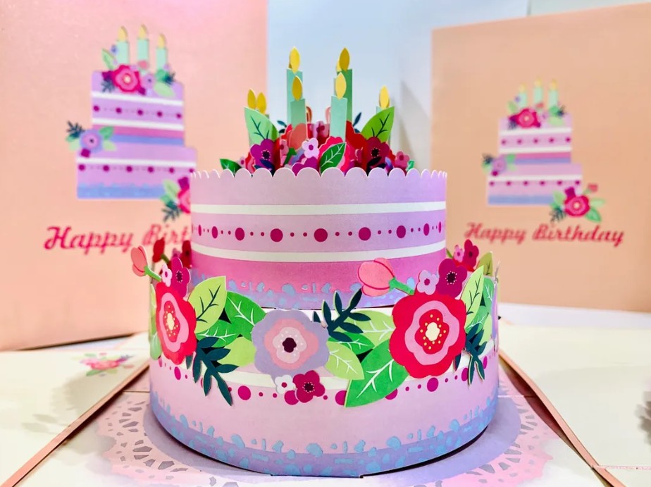 Giant Birthday Cake with Pink & Purple Flowers Origami Pop Cards 3D Pop Up Greeting Card Thank You Handmade Gift Thinking of You Happy Birthday Occasion Australiana Celebrate the Beauty and Happiness During Special Day Best Wishes Gift