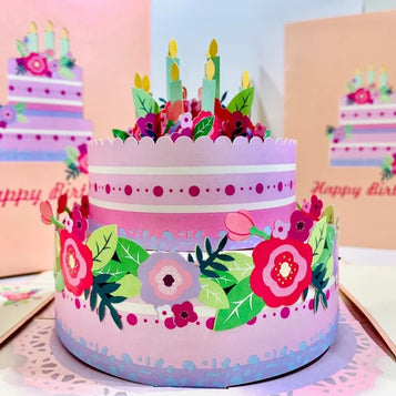 Giant Birthday Cake with Pink & Purple Flowers Origami Pop Cards 3D Pop Up Greeting Card Thank You Handmade Gift Thinking of You Happy Birthday Occasion Australiana Celebrate the Beauty and Happiness During Special Day Best Wishes Gift