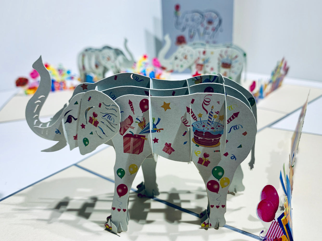 Birthday Elephant with Presents Origami Pop Cards 3D Pop Up Greeting Card Thank You Handmade Gift Thinking of You Happy Birthday Occasion Australiana Celebrate the Beauty and Happiness During Special Day Best Wishes Gift