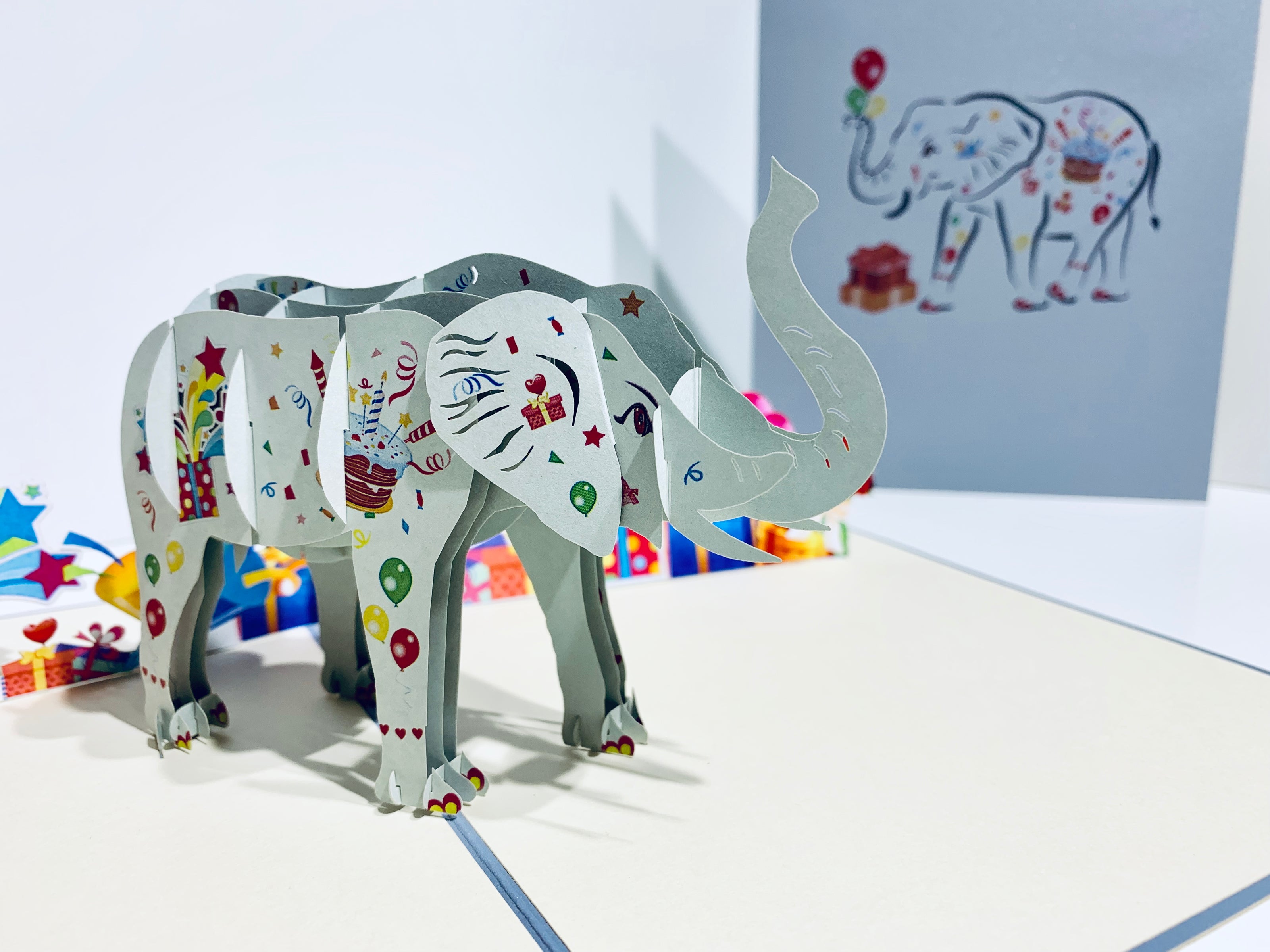 Birthday Elephant with Presents Origami Pop Cards 3D Pop Up Greeting Card Thank You Handmade Gift Thinking of You Happy Birthday Occasion Australiana Celebrate the Beauty and Happiness During Special Day Best Wishes Gift