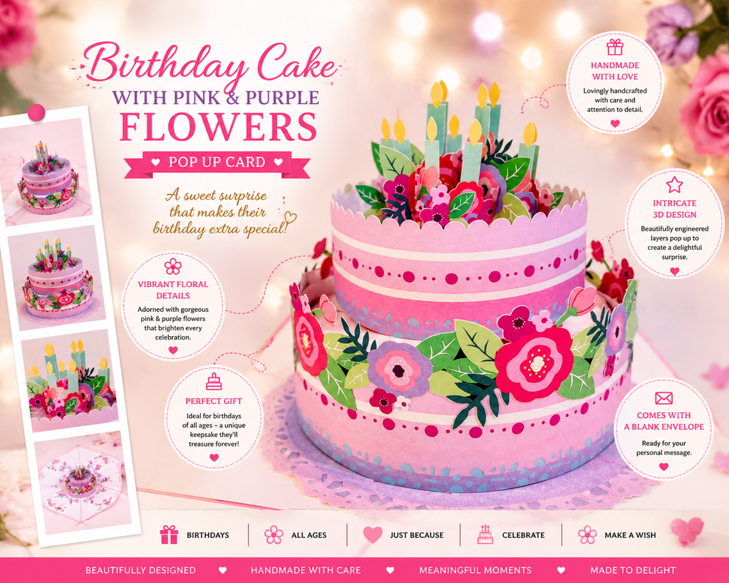 Giant Birthday Cake with Pink & Purple Flowers Origami Pop Cards 3D Pop Up Greeting Card Thank You Handmade Gift Thinking of You Happy Birthday Occasion Australiana Celebrate the Beauty and Happiness During Special Day Best Wishes Gift