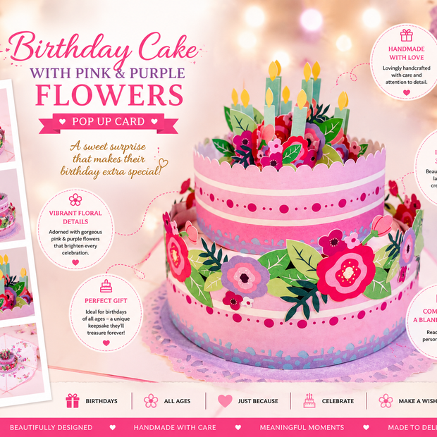 Giant Birthday Cake with Pink & Purple Flowers Origami Pop Cards 3D Pop Up Greeting Card Thank You Handmade Gift Thinking of You Happy Birthday Occasion Australiana Celebrate the Beauty and Happiness During Special Day Best Wishes Gift