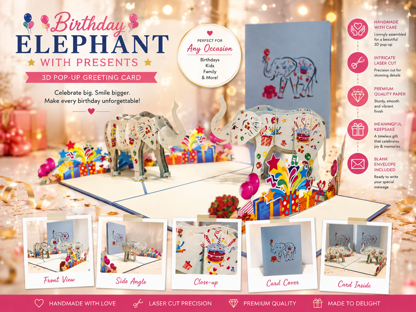 Birthday Elephant with Presents Origami Pop Cards 3D Pop Up Greeting Card Thank You Handmade Gift Thinking of You Happy Birthday Occasion Australiana Celebrate the Beauty and Happiness During Special Day Best Wishes Gift