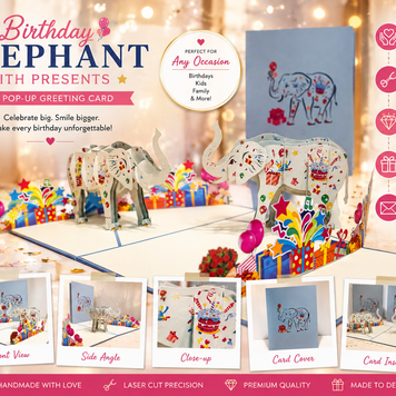 Birthday Elephant with Presents Origami Pop Cards 3D Pop Up Greeting Card Thank You Handmade Gift Thinking of You Happy Birthday Occasion Australiana Celebrate the Beauty and Happiness During Special Day Best Wishes Gift
