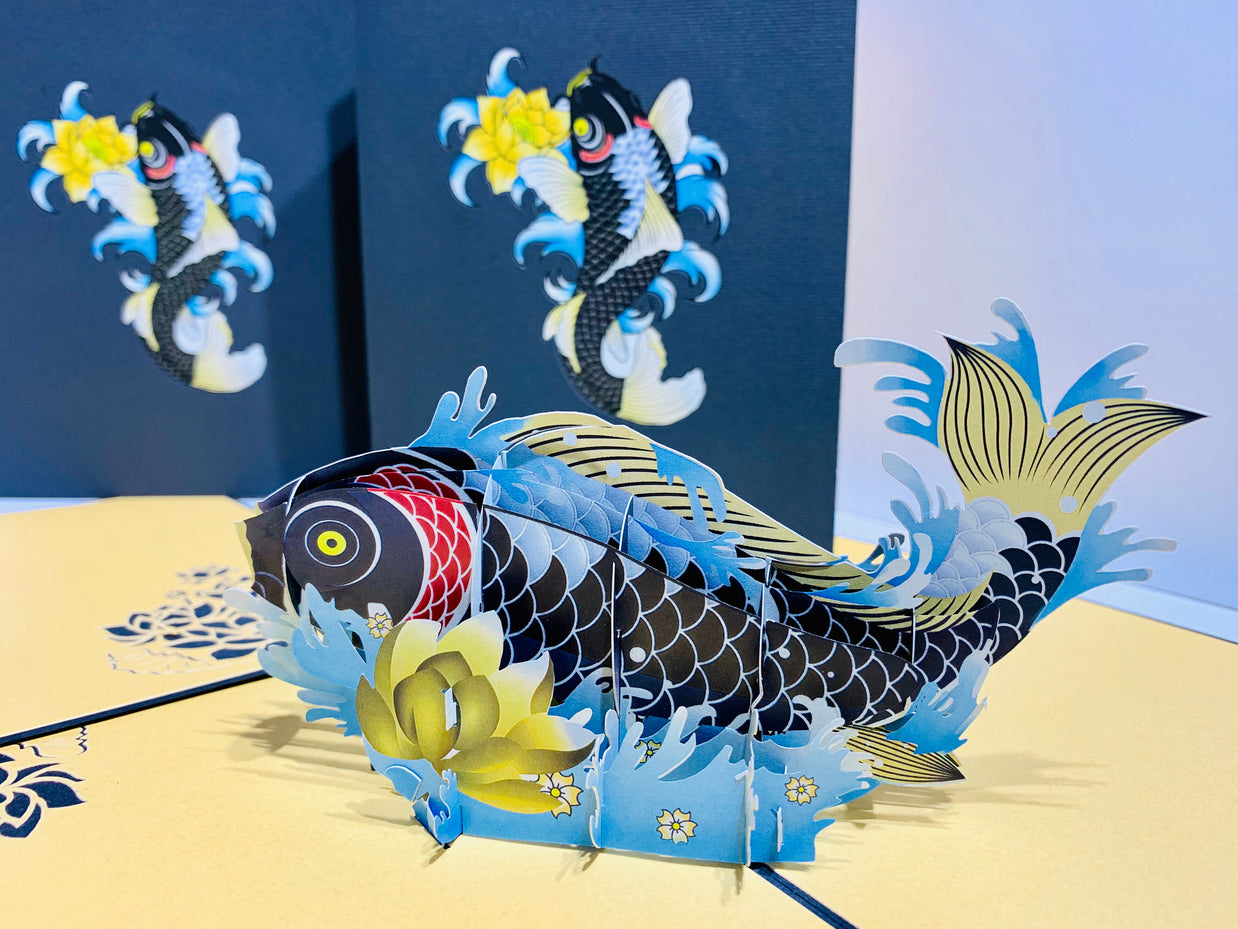 Black Koi Japanese Fish Origami Pop Cards 3D Pop Up Greeting Card Happy Birthday Thank You Handmade Gift Thinking of You Blank Card for Any Occasion Happy Mother's Day Happy Father's Australiana Celebrate the Beauty of Flower
