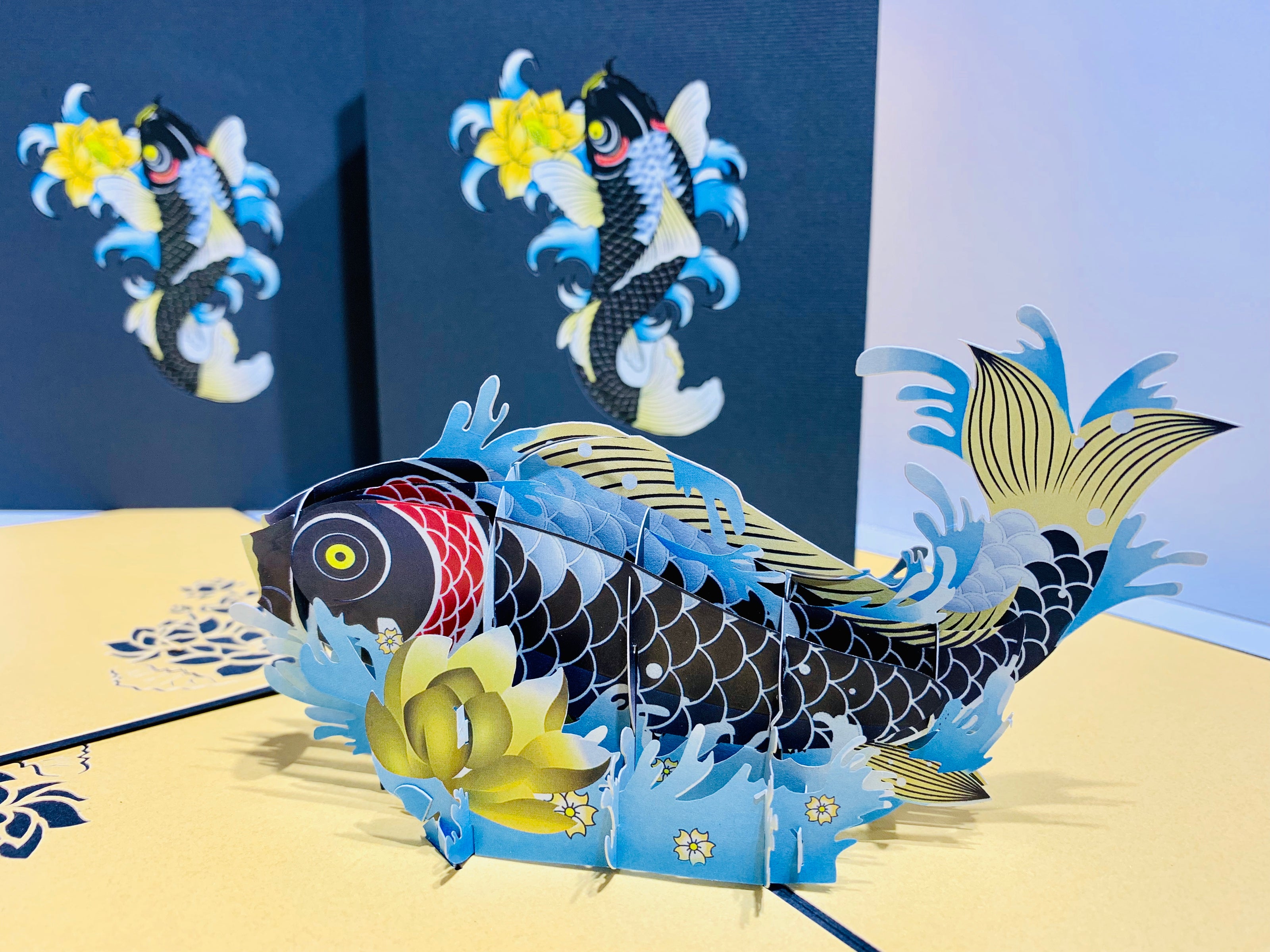 Black Koi Japanese Fish Origami Pop Cards 3D Pop Up Greeting Card Happy Birthday Thank You Handmade Gift Thinking of You Blank Card for Any Occasion Happy Mother's Day Happy Father's Australiana Celebrate the Beauty of Flower