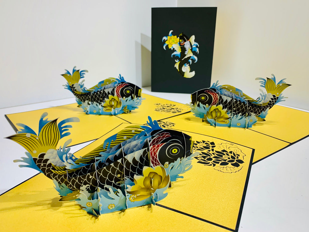 Black Koi Japanese Fish Origami Pop Cards 3D Pop Up Greeting Card Happy Birthday Thank You Handmade Gift Thinking of You Blank Card for Any Occasion Happy Mother's Day Happy Father's Australiana Celebrate the Beauty of Flower