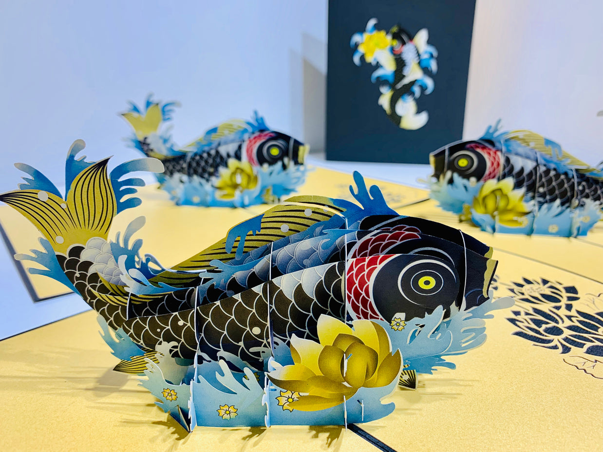 Black Koi Japanese Fish Origami Pop Cards 3D Pop Up Greeting Card Happy Birthday Thank You Handmade Gift Thinking of You Blank Card for Any Occasion Happy Mother's Day Happy Father's Australiana Celebrate the Beauty of Flower