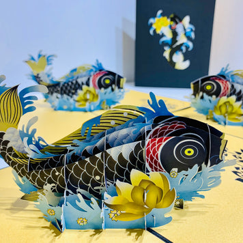 Black Koi Japanese Fish Origami Pop Cards 3D Pop Up Greeting Card Happy Birthday Thank You Handmade Gift Thinking of You Blank Card for Any Occasion Happy Mother's Day Happy Father's Australiana Celebrate the Beauty of Flower