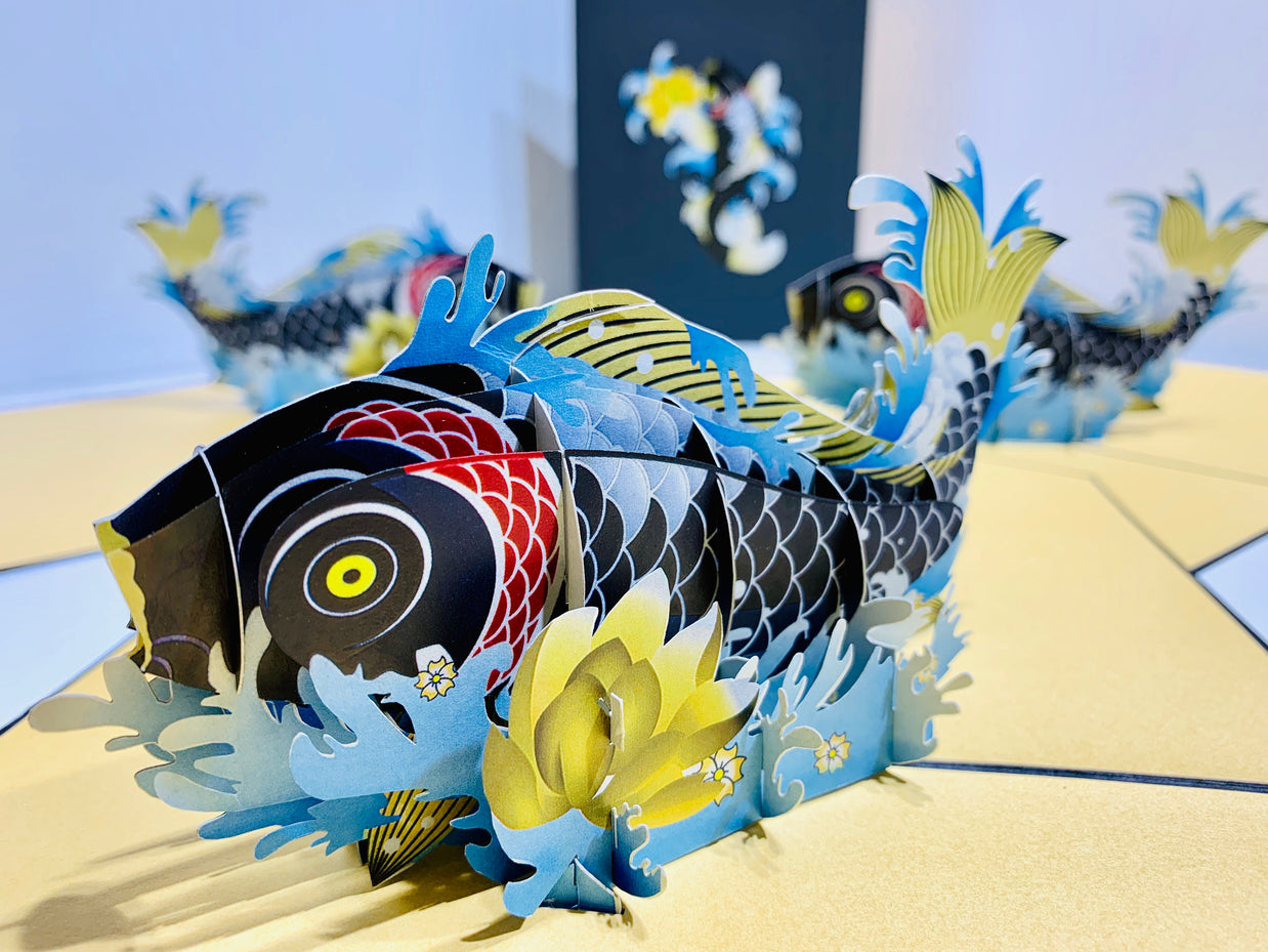 Black Koi Japanese Fish Origami Pop Cards 3D Pop Up Greeting Card Happy Birthday Thank You Handmade Gift Thinking of You Blank Card for Any Occasion Happy Mother's Day Happy Father's Australiana Celebrate the Beauty of Flower