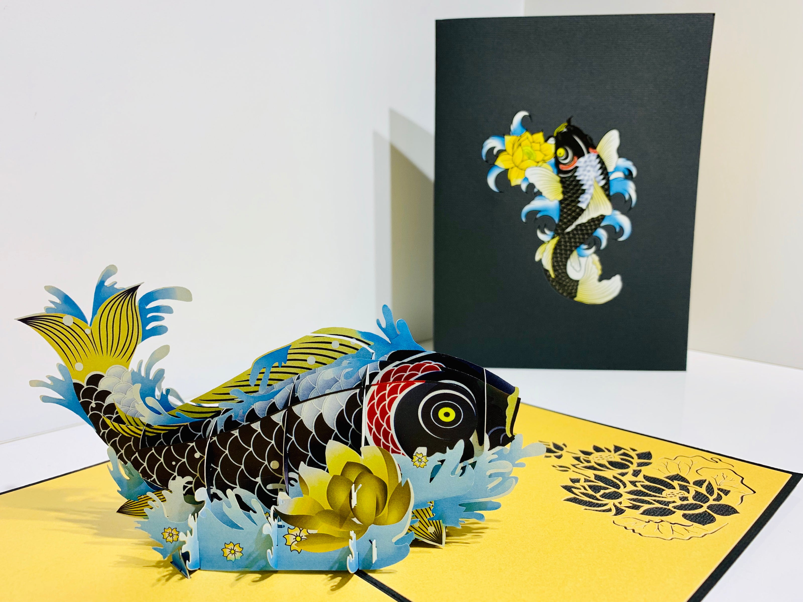 Black Koi Japanese Fish Origami Pop Cards 3D Pop Up Greeting Card Happy Birthday Thank You Handmade Gift Thinking of You Blank Card for Any Occasion Happy Mother's Day Happy Father's Australiana Celebrate the Beauty of Flower