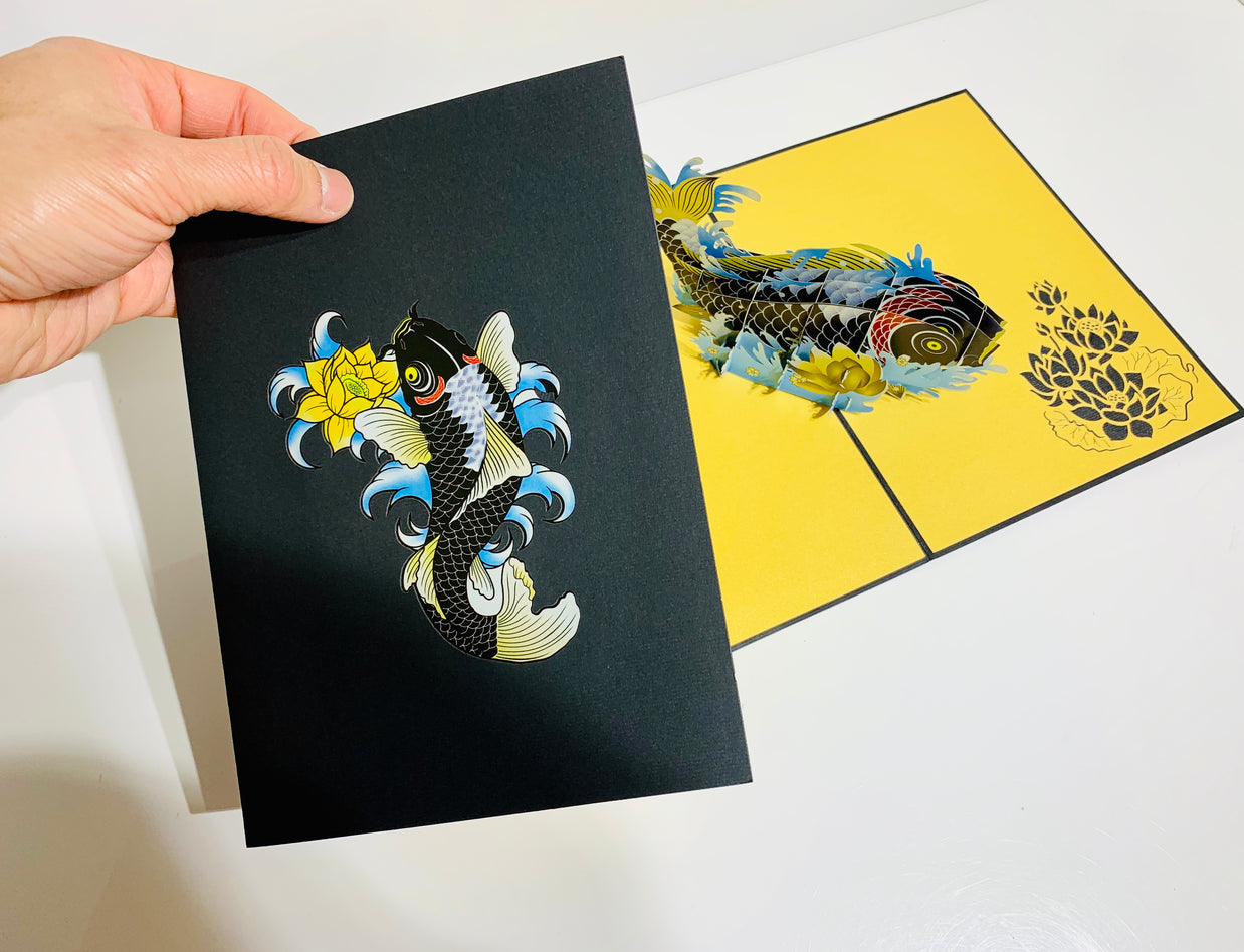 Black Koi Japanese Fish Origami Pop Cards 3D Pop Up Greeting Card Happy Birthday Thank You Handmade Gift Thinking of You Blank Card for Any Occasion Happy Mother's Day Happy Father's Australiana Celebrate the Beauty of Flower