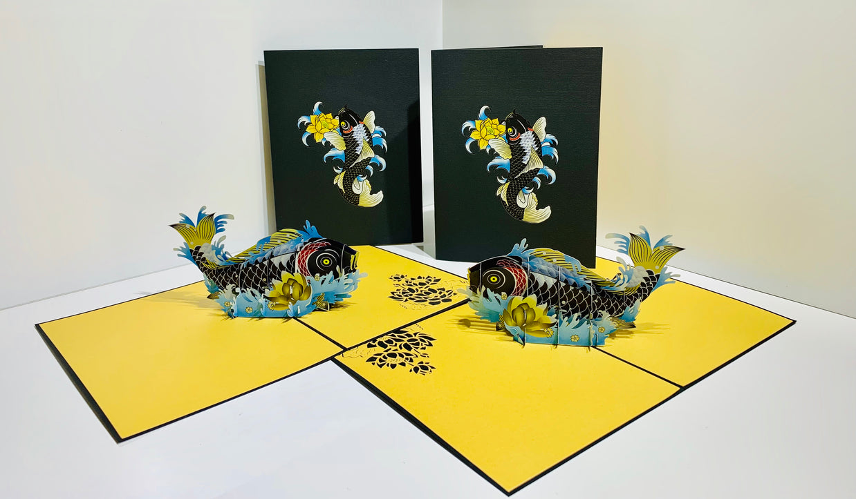 Black Koi Japanese Fish Origami Pop Cards 3D Pop Up Greeting Card Happy Birthday Thank You Handmade Gift Thinking of You Blank Card for Any Occasion Happy Mother's Day Happy Father's Australiana Celebrate the Beauty of Flower