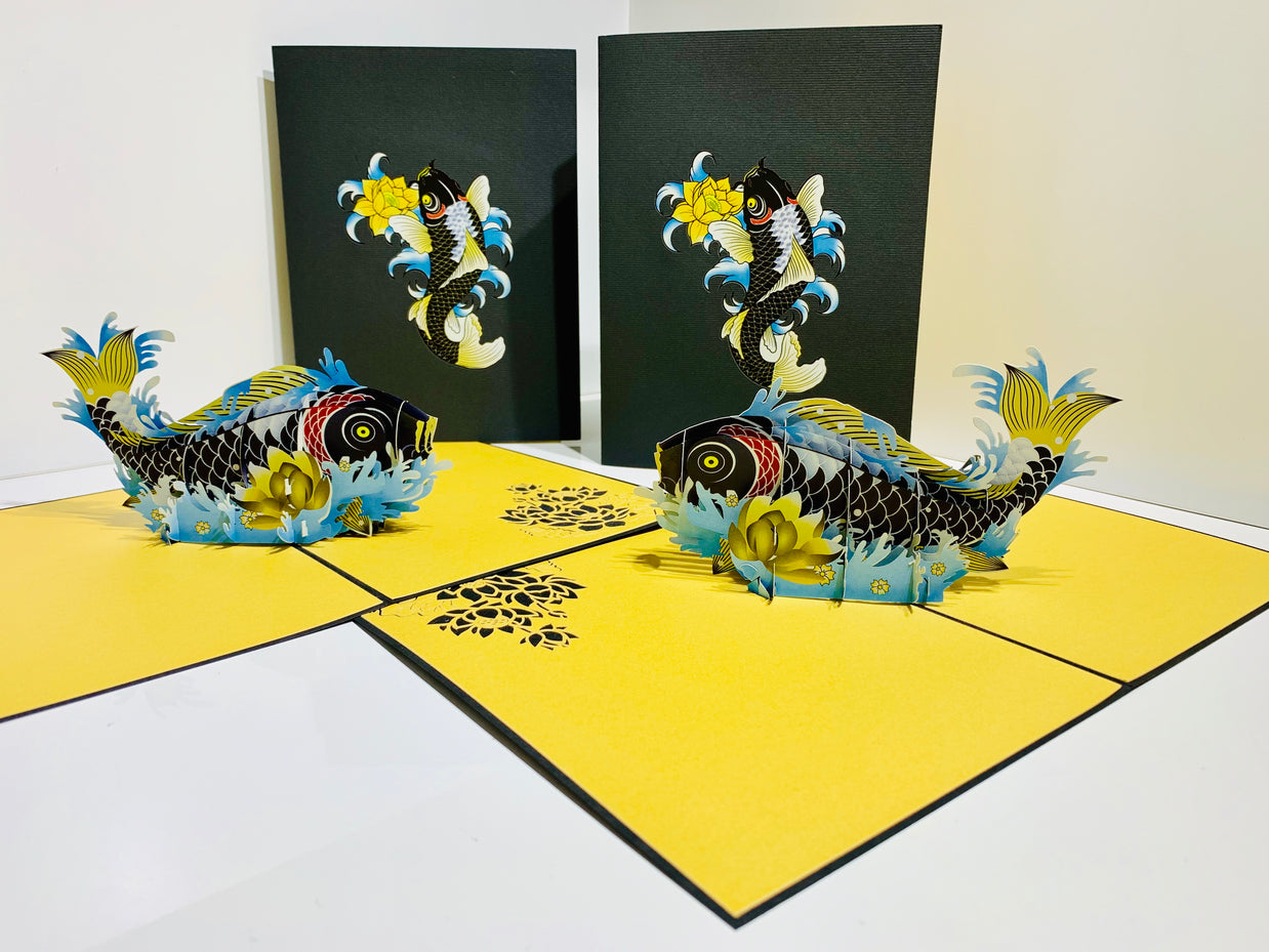 Black Koi Japanese Fish Origami Pop Cards 3D Pop Up Greeting Card Happy Birthday Thank You Handmade Gift Thinking of You Blank Card for Any Occasion Happy Mother's Day Happy Father's Australiana Celebrate the Beauty of Flower