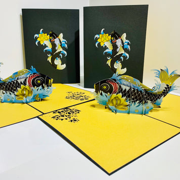 Black Koi Japanese Fish Origami Pop Cards 3D Pop Up Greeting Card Happy Birthday Thank You Handmade Gift Thinking of You Blank Card for Any Occasion Happy Mother's Day Happy Father's Australiana Celebrate the Beauty of Flower