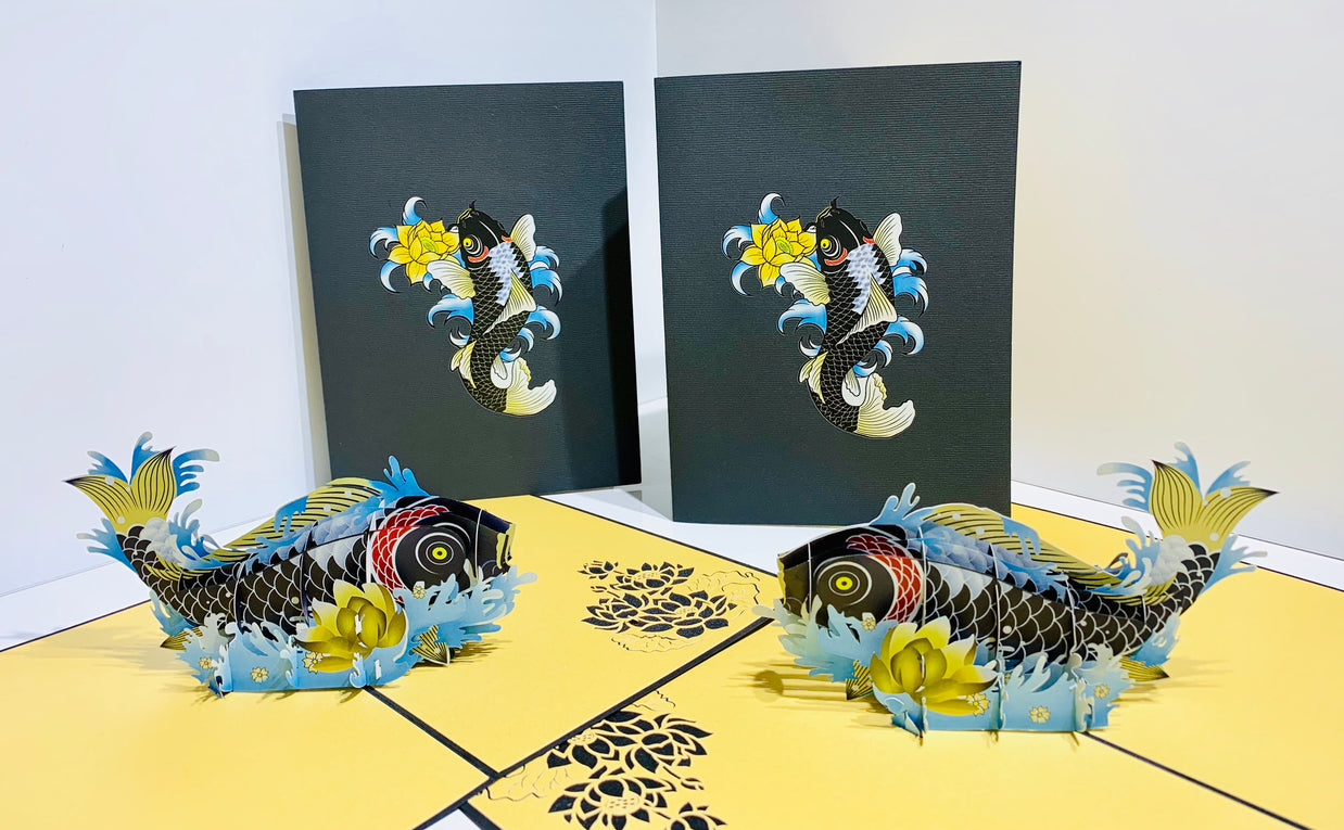 Black Koi Japanese Fish Origami Pop Cards 3D Pop Up Greeting Card Happy Birthday Thank You Handmade Gift Thinking of You Blank Card for Any Occasion Happy Mother's Day Happy Father's Australiana Celebrate the Beauty of Flower