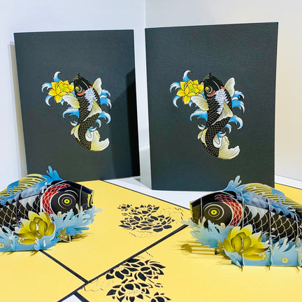 Black Koi Japanese Fish Origami Pop Cards 3D Pop Up Greeting Card Happy Birthday Thank You Handmade Gift Thinking of You Blank Card for Any Occasion Happy Mother's Day Happy Father's Australiana Celebrate the Beauty of Flower