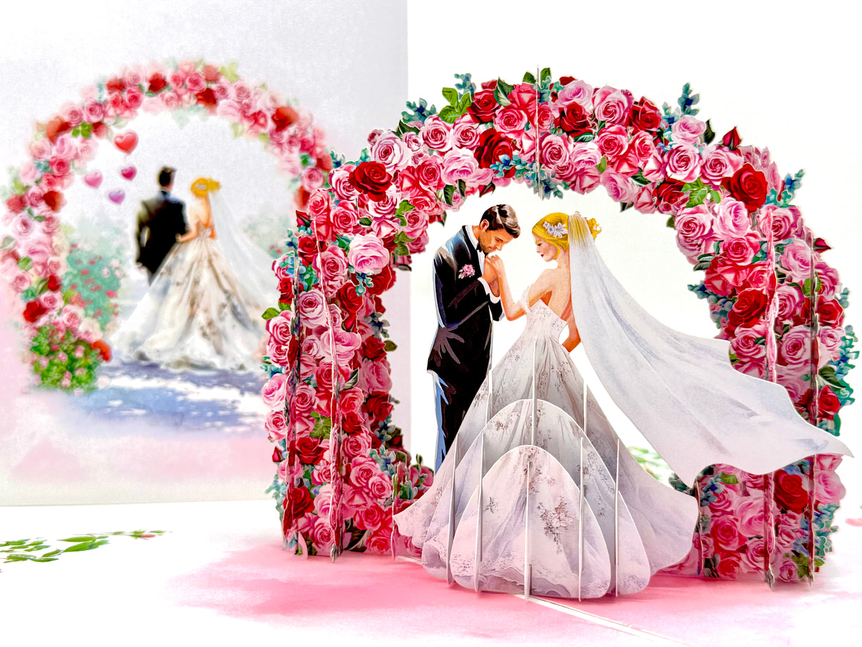 Blonde - Meridian Pink & Red Rose Arch with Bride & Groom Created by Origami Pop Cards – 3D Pop Up Greeting Cards, Australian Design & Handmade, 3D Pop Up Magical Paper Cards, Handmade Pop Up Cards Celebrate Love Anniversary Heart Fell and Romantic