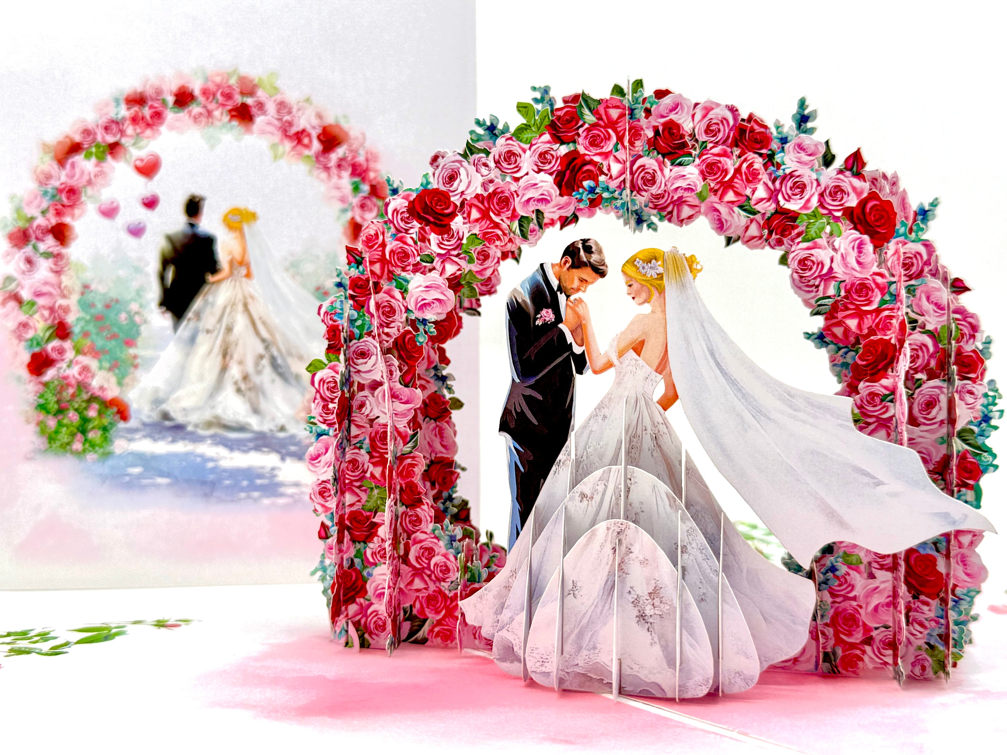 Blonde - Meridian Pink & Red Rose Arch with Bride & Groom Created by Origami Pop Cards – 3D Pop Up Greeting Cards, Australian Design & Handmade, 3D Pop Up Magical Paper Cards, Handmade Pop Up Cards Celebrate Love Anniversary Heart Fell and Romantic