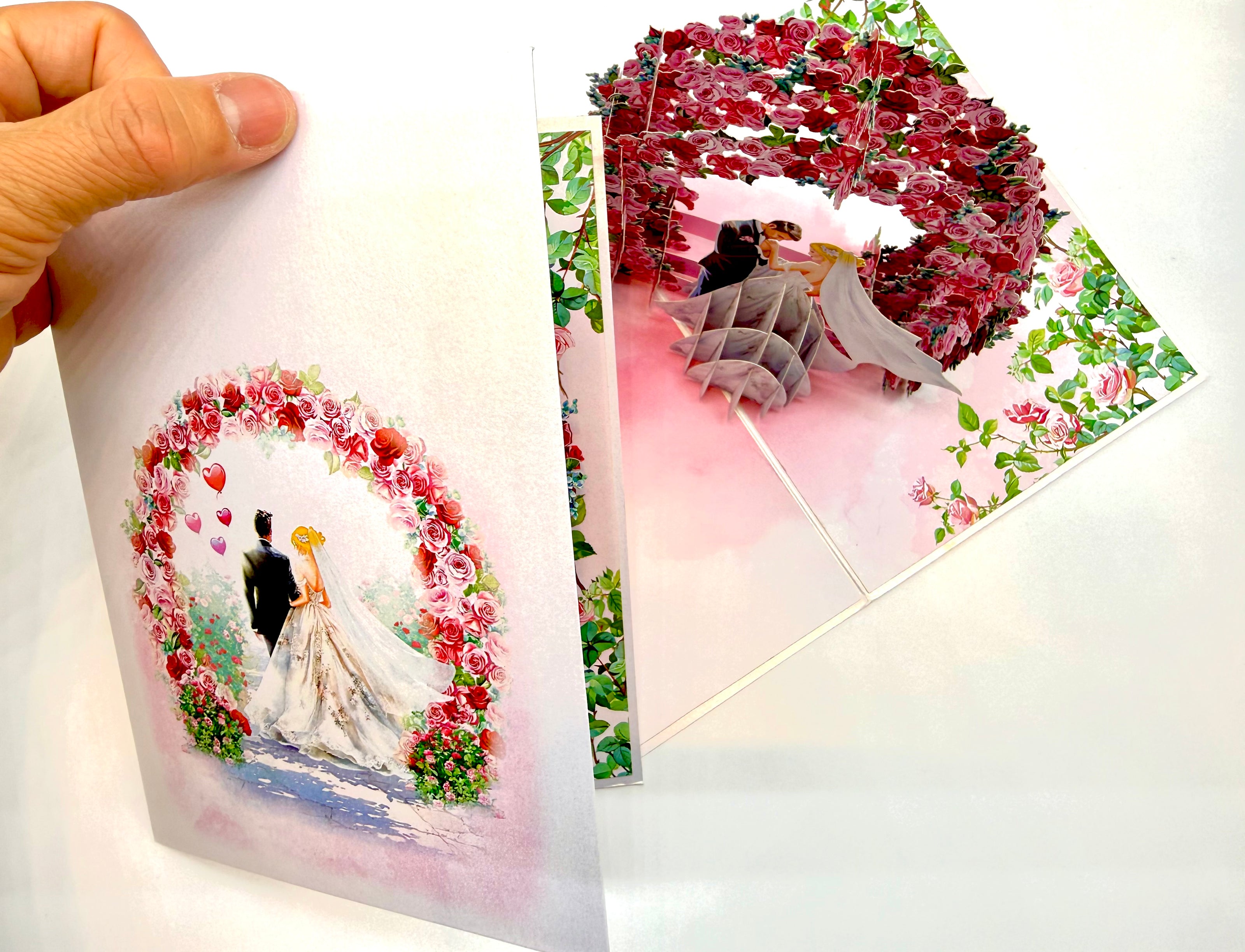 Blonde - Meridian Pink & Red Rose Arch with Bride & Groom Created by Origami Pop Cards – 3D Pop Up Greeting Cards, Australian Design & Handmade, 3D Pop Up Magical Paper Cards, Handmade Pop Up Cards Celebrate Love Anniversary Heart Fell and Romantic
