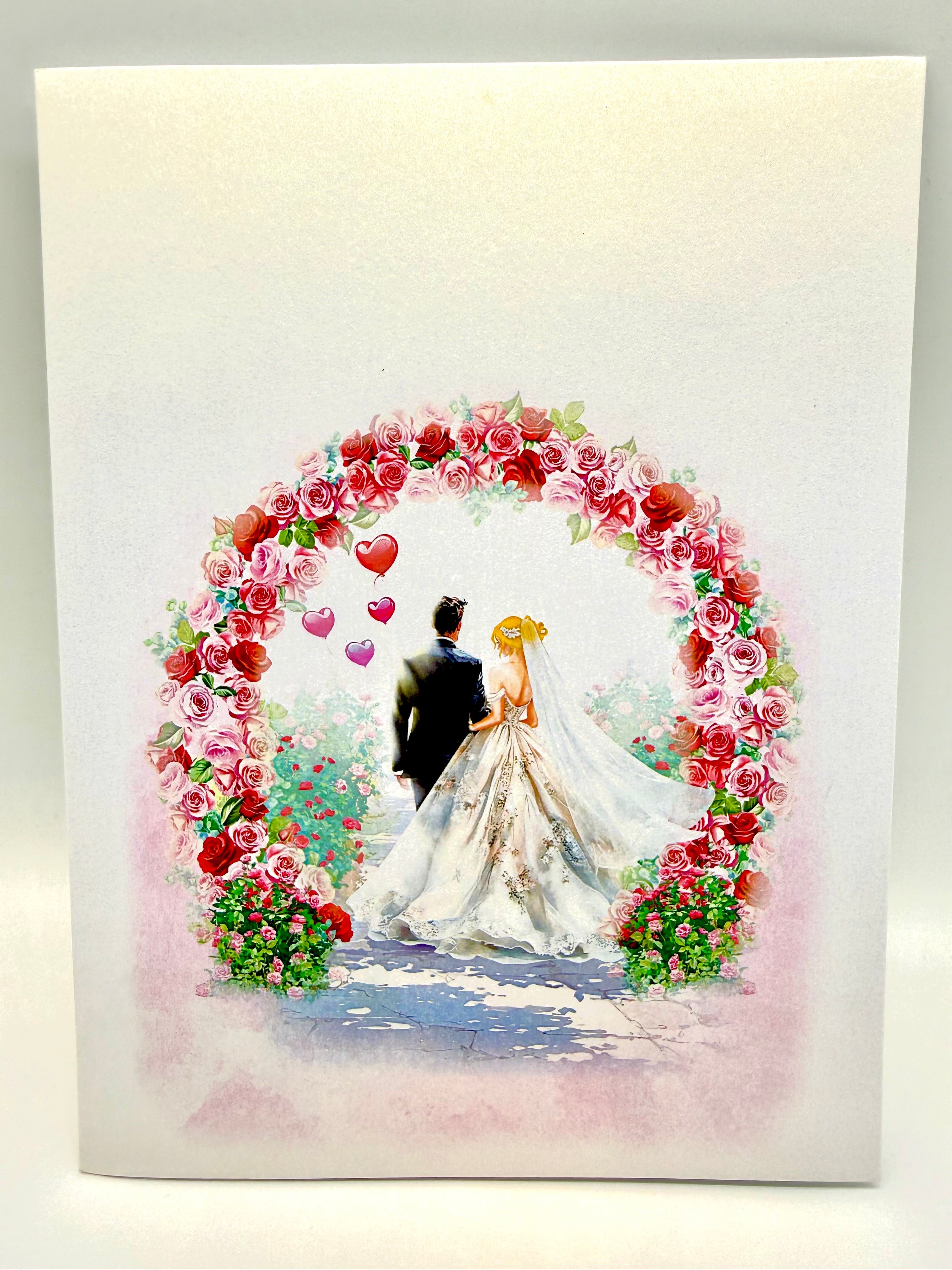 Blonde - Meridian Pink & Red Rose Arch with Bride & Groom Created by Origami Pop Cards – 3D Pop Up Greeting Cards, Australian Design & Handmade, 3D Pop Up Magical Paper Cards, Handmade Pop Up Cards Celebrate Love Anniversary Heart Fell and Romantic
