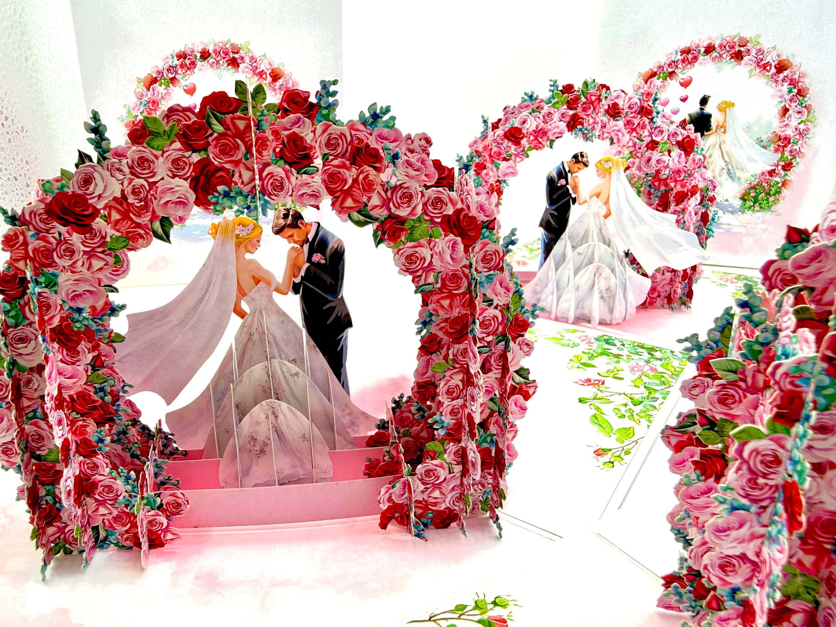 Blonde - Meridian Pink & Red Rose Arch with Bride & Groom Created by Origami Pop Cards – 3D Pop Up Greeting Cards, Australian Design & Handmade, 3D Pop Up Magical Paper Cards, Handmade Pop Up Cards Celebrate Love Anniversary Heart Fell and Romantic