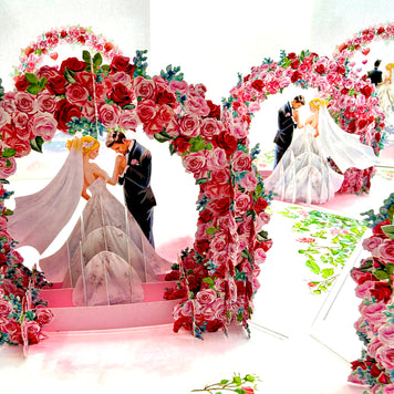 Blonde - Meridian Pink & Red Rose Arch with Bride & Groom Created by Origami Pop Cards – 3D Pop Up Greeting Cards, Australian Design & Handmade, 3D Pop Up Magical Paper Cards, Handmade Pop Up Cards Celebrate Love Anniversary Heart Fell and Romantic