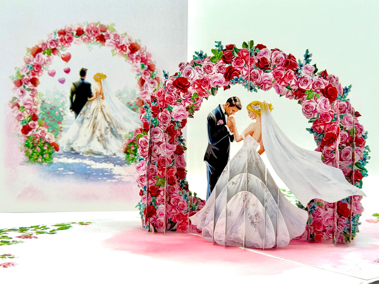 Blonde - Meridian Pink & Red Rose Arch with Bride & Groom Created by Origami Pop Cards – 3D Pop Up Greeting Cards, Australian Design & Handmade, 3D Pop Up Magical Paper Cards, Handmade Pop Up Cards Celebrate Love Anniversary Heart Fell and Romantic