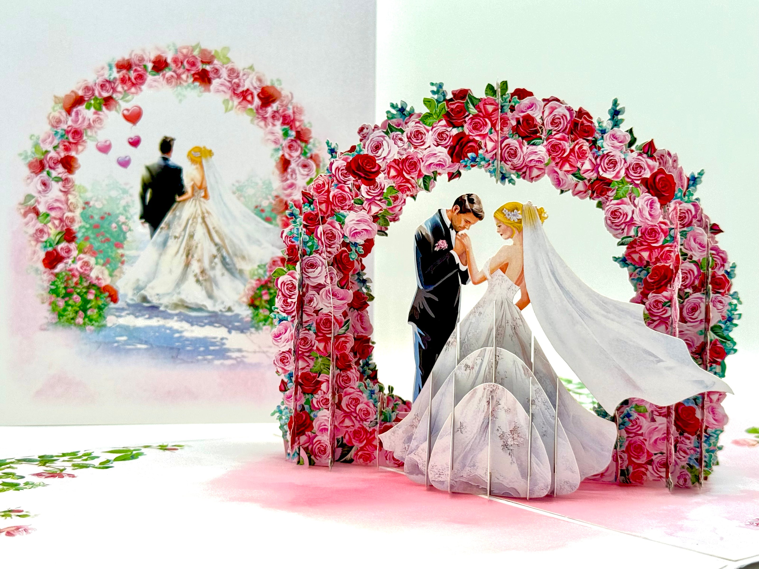Blonde - Meridian Pink & Red Rose Arch with Bride & Groom Created by Origami Pop Cards – 3D Pop Up Greeting Cards, Australian Design & Handmade, 3D Pop Up Magical Paper Cards, Handmade Pop Up Cards Celebrate Love Anniversary Heart Fell and Romantic