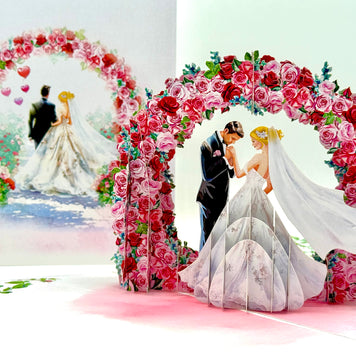 Blonde - Meridian Pink & Red Rose Arch with Bride & Groom Created by Origami Pop Cards – 3D Pop Up Greeting Cards, Australian Design & Handmade, 3D Pop Up Magical Paper Cards, Handmade Pop Up Cards Celebrate Love Anniversary Heart Fell and Romantic