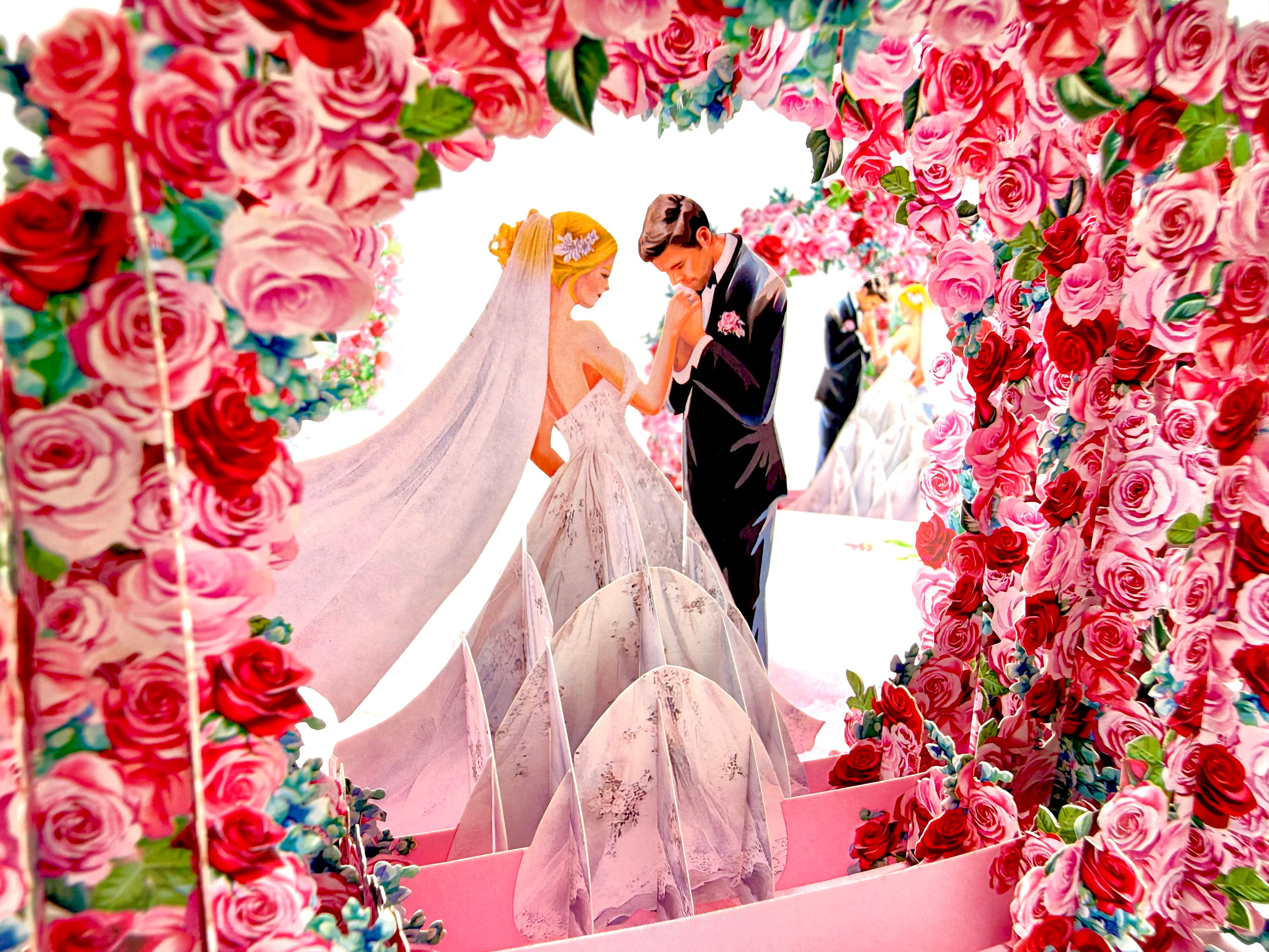 Blonde - Meridian Pink & Red Rose Arch with Bride & Groom Created by Origami Pop Cards – 3D Pop Up Greeting Cards, Australian Design & Handmade, 3D Pop Up Magical Paper Cards, Handmade Pop Up Cards Celebrate Love Anniversary Heart Fell and Romantic