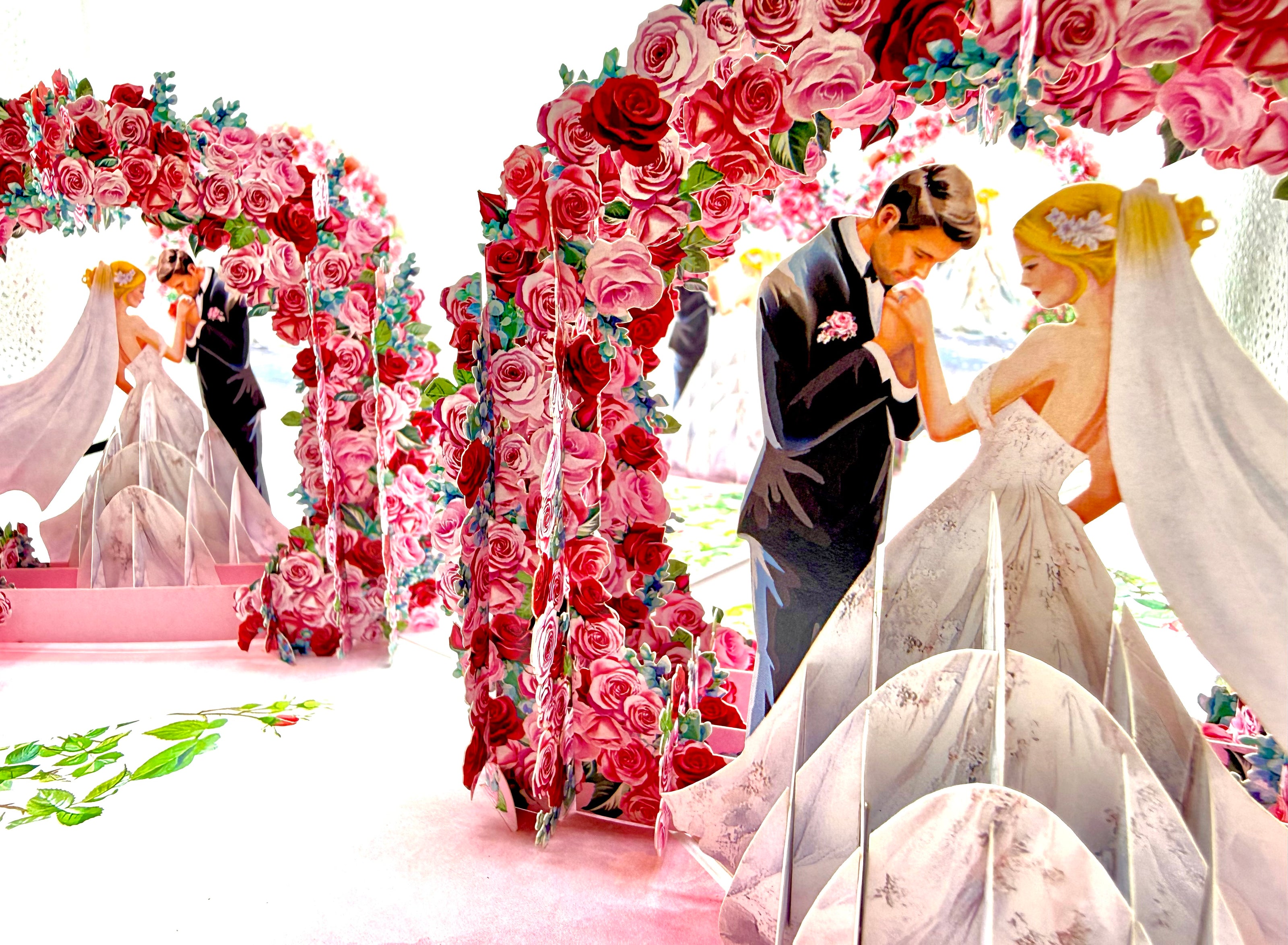 Blonde - Meridian Pink & Red Rose Arch with Bride & Groom Created by Origami Pop Cards – 3D Pop Up Greeting Cards, Australian Design & Handmade, 3D Pop Up Magical Paper Cards, Handmade Pop Up Cards Celebrate Love Anniversary Heart Fell and Romantic