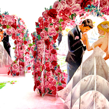 Blonde - Meridian Pink & Red Rose Arch with Bride & Groom Created by Origami Pop Cards – 3D Pop Up Greeting Cards, Australian Design & Handmade, 3D Pop Up Magical Paper Cards, Handmade Pop Up Cards Celebrate Love Anniversary Heart Fell and Romantic